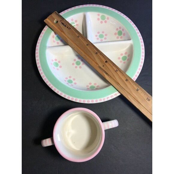 M. Bagwell Childs Plate & Cup Set Baby Dots Divided Dish Ceramic Flowers Pink - Picture 6 of 6